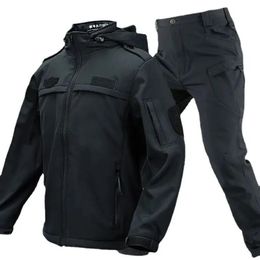 Ensembles tactiques noirs pour hommes, veste polaire chaude et douce, pantalon Cargo de l'armée, ensemble 2 pièces, militaire multi-poches, imperméable, hiver, 240110