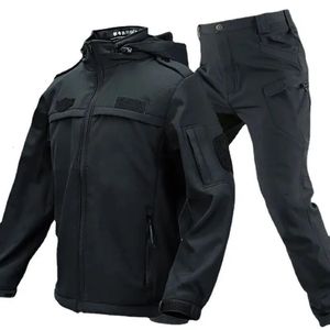 Ensembles tactiques noirs pour hommes, veste polaire chaude et douce, pantalon Cargo de l'armée, ensemble 2 pièces, militaire multipoches, imperméable, hiver, 240119