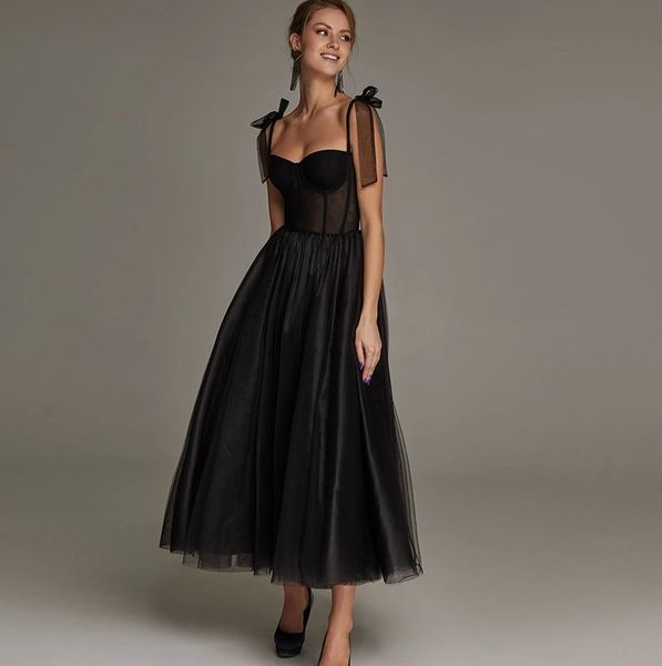 Thé noir longueur A-ligne robes de bal bretelles spaghetti arc chérie tulle soirée formelle robes de cocktail robe de soirée personnalisée