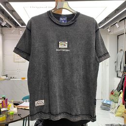 T-shirt noir surdimensionné T-shirt vintage col rond imprimé style polaire vêtements d'été rue pur coton