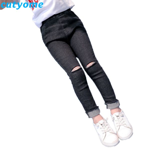 Noir Adolescents Filles Denim Pantalon Printemps Mode Cassé Trou Jeans pour Enfants Fille Crayon Pantalon Enfants Boutique Vêtements 7/8 9 C1021