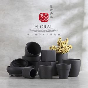 Zwarte terracotta bloem potten zwarte klei potten ademende tegel potten hongtao Europese paarse klei bonsai kleine potplanten t200529