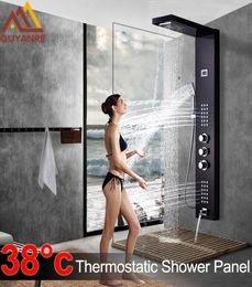 Panel de ducha digital termostático negro Grifos Columna Lluvia Cascada Ducha Masaje SPA Jets Mezclador de tres manijas Grifo Ducha de baño 1445129