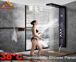 Zwarte thermostatische digitale douchepaneel kranen kolom regen waterval douchemassage spa jets drie handgreep mixer tap bad douche3782800