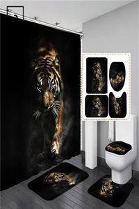 Tiger Animaux imprimés rideau de douche ensemble Soutille de salle de bain écran de bain anti-aslip.