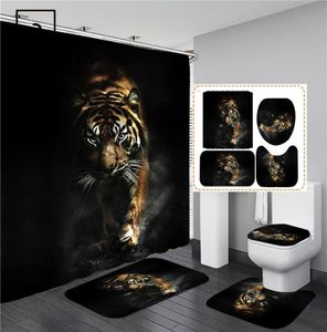 Tigres negros Animales estampados Cortina de ducha Cortina de baño Pantalla de baño Antislip Cubierta de tapa de la tapa de la alfombra Decoración del hogar 27685594