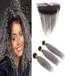 Noir à Gris Ombre Bouclés Cheveux Humains Weave Bundles avec Fermeture Frontale En Dentelle Crépus Bouclés Racines Foncées Gris Ombre Cheveux Indiens et Fro2452795