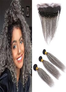Faisceaux de tissage de cheveux humains bouclés ombrés noirs à gris avec fermeture frontale en dentelle crépus bouclés racines foncées cheveux indiens gris ombrés et Fro9988307