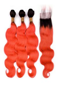 Zwart tot oranje Ombre 2-kleurige bundels van echt haar met sluiting 1BOrange Ombre Body Wave Indiase haarweefsels met 4x4 vetersluiting4096861