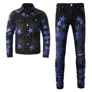 Survêtements noirs trous déchirés ensembles de 2 pièces pour hommes mode automne mince bleu étoile patch veste en jean à manches longues correspondant jean skinny extensible