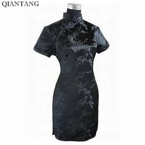 Zwarte traditionele Chinese jurk Mujer vestido dames satijn qipao mini cheongsam bloem maat sml xl xxl xxxl 4xl 5xl 6xl j4039 240226