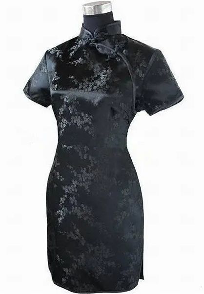Robe Qipao traditionnelle noire pour femmes chinoises, Sexy, courte, Mini Cheongsam, bouton fait à la main, fleur, grande taille 3XL 4XL 5XL 6XL, 240220