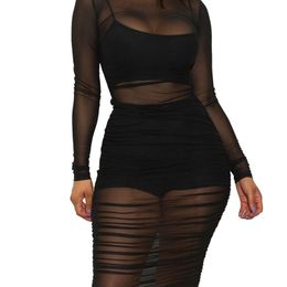 Robe sexy en maille transparente noire femmes à manches longues froncée moulante robe midi soirée tenue de club tenues d'été 3 pièces ensemble 220510