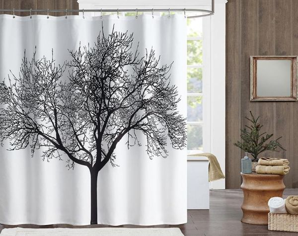 Cortinas de ducha con diseño de árbol negro, decoración del baño del hogar, cortina de ducha de poliéster, cortina de baño de tela impermeable con ganchos 180180cm5242176