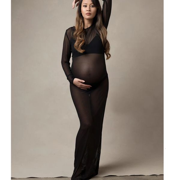 Body en tulle noir robe de grossesse tissu maille manches longues extensible femmes tenue de maternité coupe ajustée style jupe pour Po Shoot 240309