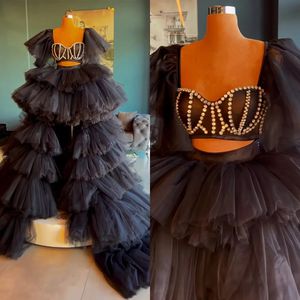 Black Tulle ébouriant une ligne robes de bal pour la petite fille sexy à plusieurs niveaux Split Robes de soirée formelles perles de robe de soirée