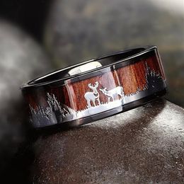 Zwarte wolfraam jacht ring hout inleg herten hert silhouet ring heren trouwring trouwring maat 6-13313i