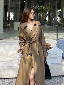 Noir col rabattu Double boutonnage Trench manteau femmes automne hiver vêtements Style coréen décontracté mince marron Long coupe-vent 240202