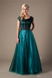 Zwarte turquoise lang bescheiden prom jurken elegante kralen taille ruches tule a-lijn senioren formele prom jurken vestidos de festa mouwen