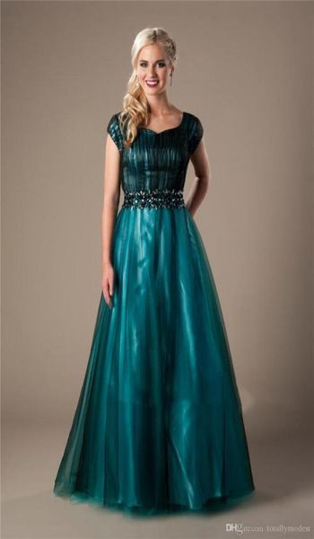 Turquoise noire longue modestes robes de bal élégant taille perlée rucched tulle alinéa seniors robes de bal formelles vestidos de festa slee5415588