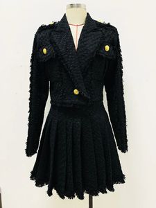 Tweed noir manteau court veste jupe femmes automne hiver mode court gland costume veste jupe plissée tenue Blazer 240109