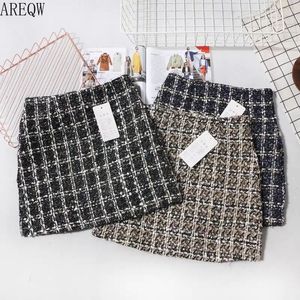 Zwart Tweed Rok Herfst Winter Vrouwen Koreaanse elegante Plaid Jupe Femme Leuke bodems voor dames Een lijn korte mini-rokken 201110