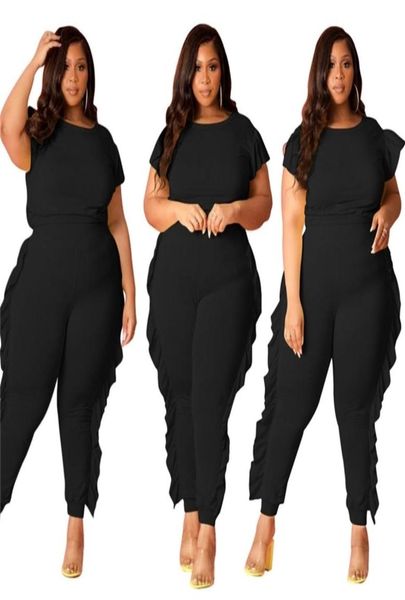 Conjunto de dos piezas negro, Tops de manga corta para mujer, trajes de pantalón con borde de hongo, estilo informal ajustado, Ropa de talla grande, gota completa 2110297103404