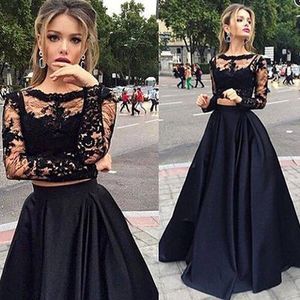 Zwart twee stukken prom jurken sexy kanten lange mouwen zien door top elegante hoogwaardige vloer lengte satijnen lange rok avondjurken