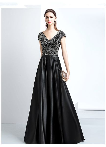 Robe de bal noire à col en V robes de bal 2018 robes de bal longues bijou sexy robes de soirée avec corsage perlé scintillant pour les adolescents