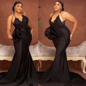 Robes de bal noires à col en V licou sirène élastique en satin robes de soirée formelles pour femmes noires africaines robe de fête d'anniversaire robe de fiançailles NL427