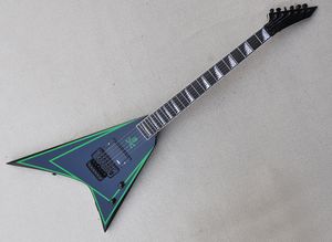 Guitare électrique noire en forme de V avec touche en palissandre à rayures vertes Floyd rose offrant des services personnalisés