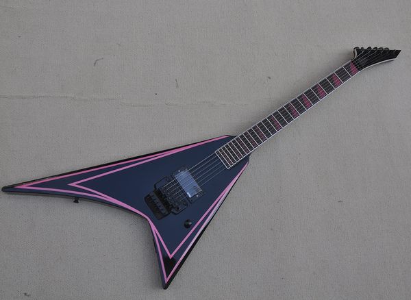 Guitarra eléctrica negra en forma de V con raya rosa Diapasón de palisandro Floyd rose que ofrece servicios personalizados