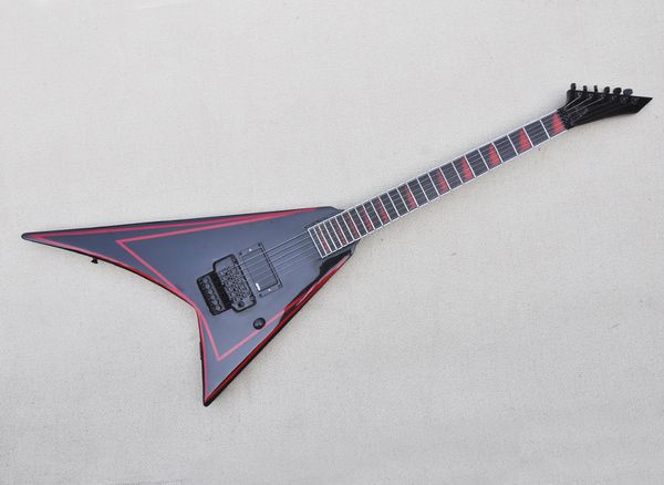 Guitarra eléctrica en forma de V negra con franja roja, diapasón de palisandro, rosa Floyd, que ofrece servicios personalizados