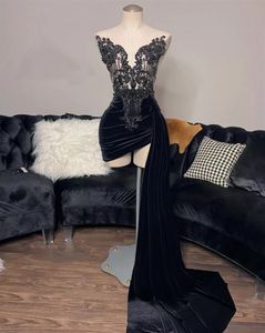 Zwarte veet lieverd korte prom -prom jurk Appliques Afstudeerjurken Kralen Verjaardagsfeestje Jurk Mermaid Mini Tail Homecoming