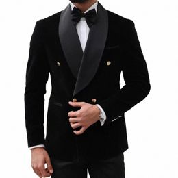 Zwart Veet Bruiloft Pakken Voor Mannen Sjaal Revers Bruidegom Tuxedos Custom Made 2 Stuks Prom Blazer Sets Busin Diner Man kleding D3mC #