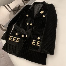 Manteau en velours noir pour femme, lettres, vêtements d'extérieur à manches longues, mode printemps-hiver, veste rembourrée