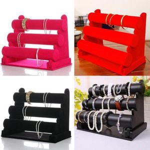 Zwart Fluwelen 3-Tier Sieraden Armband Horloge Bangle Display Houder Stand Showcase T-bar Opslag Ketting Bangle Organizer214s