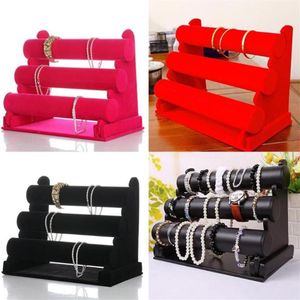 Zwart Fluwelen 3-Tier Sieraden Armband Horloge Bangle Display Houder Stand Showcase T-bar Opslag Ketting Bangle Organizer280B