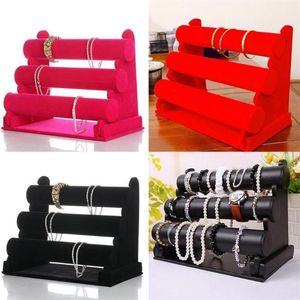 Zwart Fluwelen 3-Tier Sieraden Armband Horloge Bangle Display Houder Stand Showcase T-bar Opslag Ketting Bangle Organizer260Z