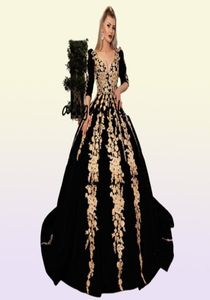 Robe de bal en velours noir avec des appliques en dentelle brillante dorée, grande taille, manches longues, Kaftan, Caftan, robes de soirée arabes, We2067733