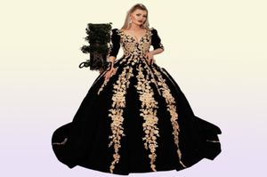 Robes de bal de robe de bal en velours noir avec applique en dentelle brillante en or 2020 Plus taille à manches longues Kaftan Caftan Arabes Robes de soirée WE1601955