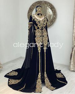 Zwart fluwelen kaftan bruiloft formele avondjurken met cape twee stukken kant applique henna Marokkaanse prom-jurk outfit