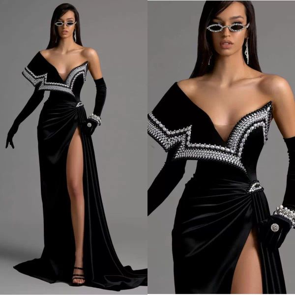 Robes de soirée en velours noir balayage train hors de l'épaule robes de bal sirène haute fente perles robes robes de célébrité formelles CG001