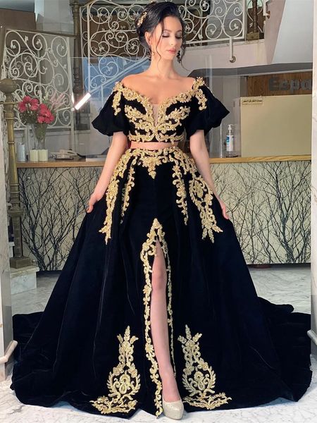 Robes de soirée caftan en velours noir lanterne manches courtes or dentelle appliques cristal perlé fente deux pièces robe de bal