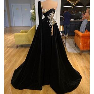 Black Velvet One épaule Robes de bal avec deas paillettes manches complètes sur lalaise droite Robe de soirée High Side Split Split de Cocktail