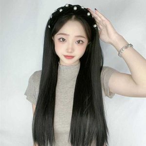Zwart fluwelen Pearl -hoofdband Wig Lang rechte haar Half hoofddeksel Qianhui High