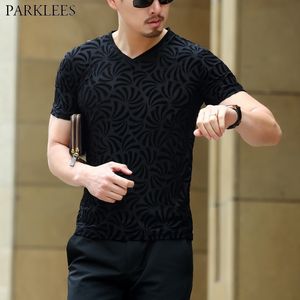 Zwart Fluwelen Velours Transparante T-shirt Mannen Sexy Korte Mouw Zie door t-shirts Mens Slim Fit V-hals Tee Shirt Homme 210522