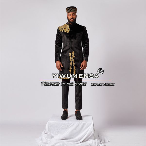 Black Velvet Wedding Cost For Men Gold broderie Blazer Long avec pantalon 2 pcs Tuxedos Single Blazer Fabriqué sur mesure