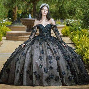 Robes noires de 15 anos robes de Quinceanera manches longues fleurs florales fille douce 16 Charro vêtements d'anniversaire mexicains