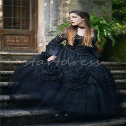 Robe de mariée gothique victorienne noire 2024 Vampire manches longues dentelle médiévale Renaissance robe de mariée fleurs mascarade Halloween géorgien robes De Novia Gala